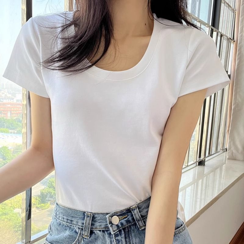 Pure Cotton Classic Basic Style All-Match Short SleeveTT-shirt Women's Summer-Style Slim Fit Slimming Half Sleeve Low-Necked Underwear Blouse Top