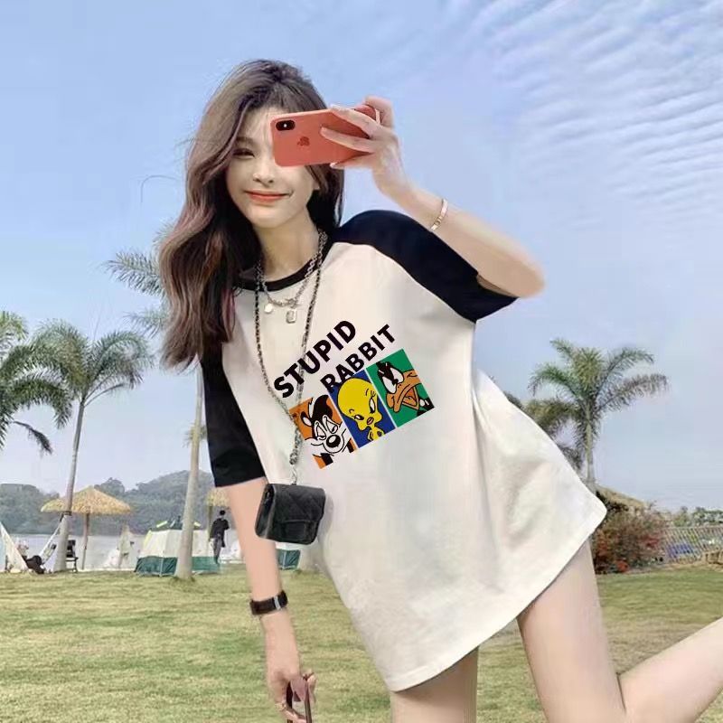 Summer Thin Pure Cotton Stitching Printing Contrast Color Raglan Mid-LengthTT-shirt Top Women's Short SleeveTWomen's T-shirt