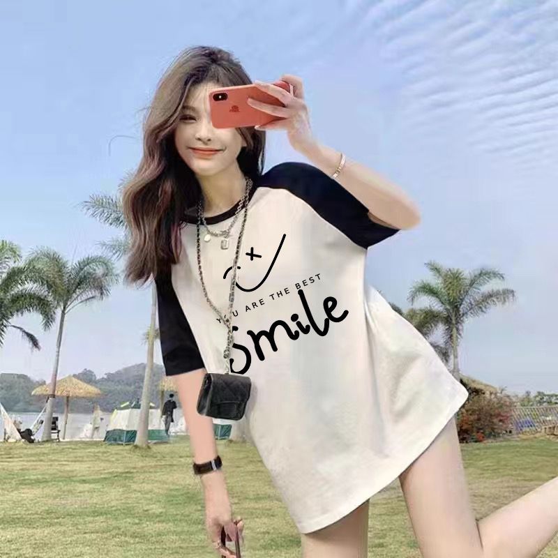 Summer Thin Pure Cotton Stitching Printing Contrast Color Raglan Mid-LengthTT-shirt Top Women's Short SleeveTWomen's T-shirt