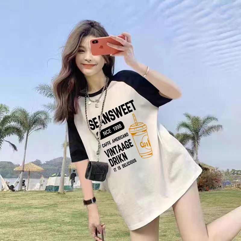 Summer Thin Pure Cotton Stitching Printing Contrast Color Raglan Mid-LengthTT-shirt Top Women's Short SleeveTWomen's T-shirt