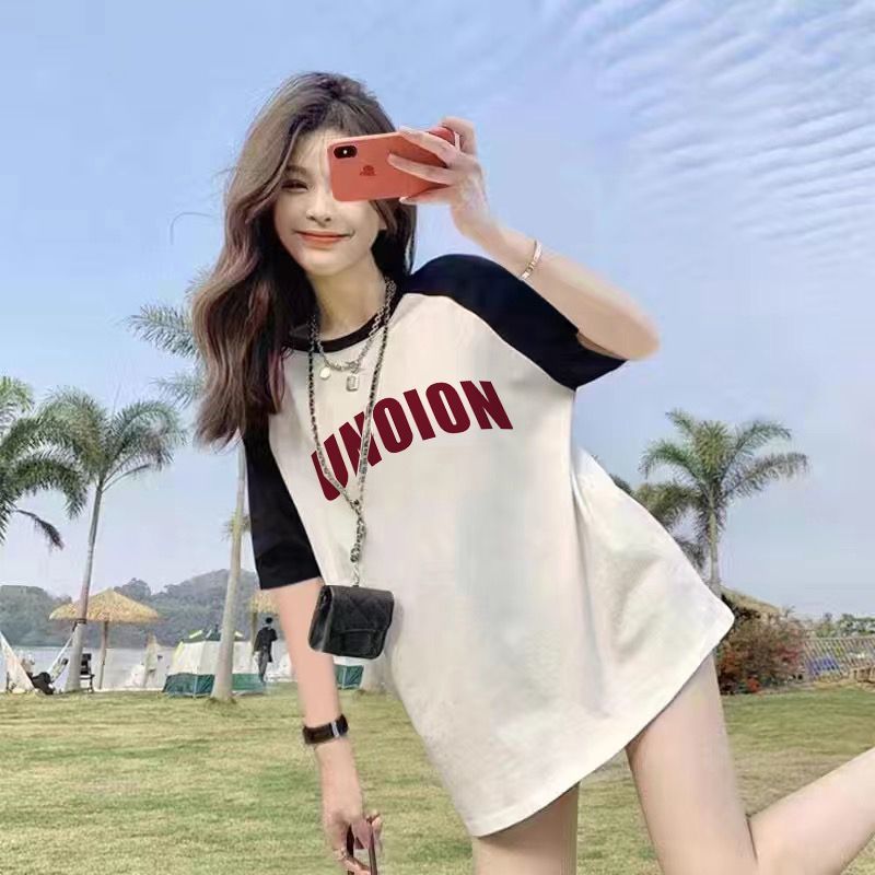 Summer Thin Pure Cotton Stitching Printing Contrast Color Raglan Mid-LengthTT-shirt Top Women's Short SleeveTWomen's T-shirt