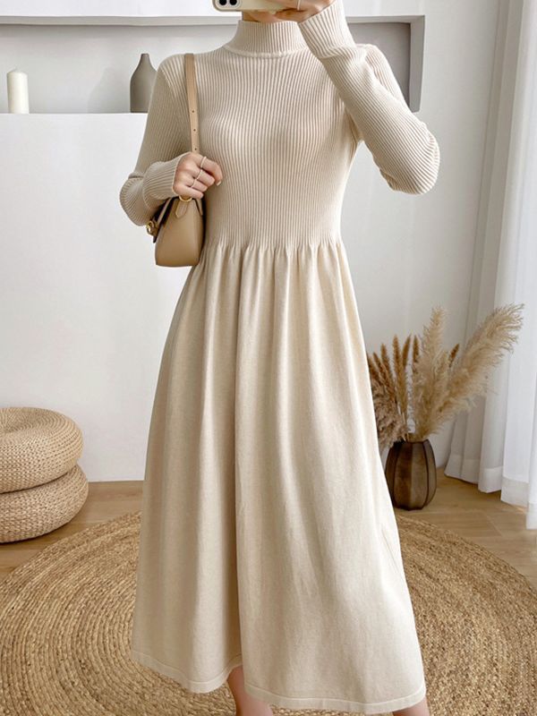 Half Turtleneck Mid-Length Elegant Style Woolen Skirt Autumn and Winter Korean Style Long Sleeve Base Knitting Dress Women