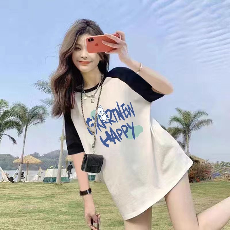 Summer Thin Pure Cotton Stitching Printing Contrast Color Raglan Mid-LengthTT-shirt Top Women's Short SleeveTWomen's T-shirt