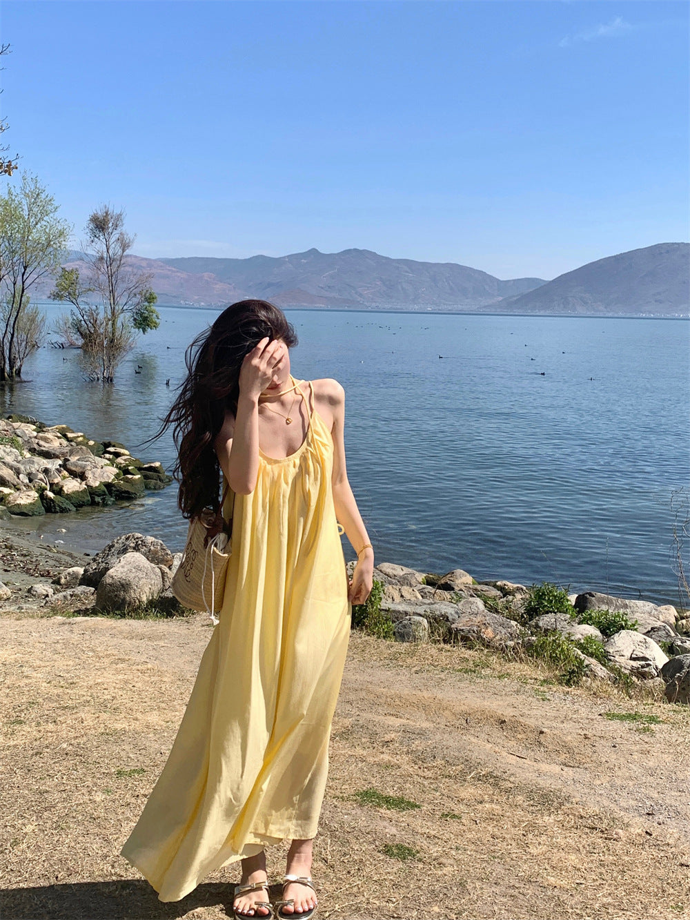 French Style Yellow Gallus Dress Women's Clothing Summer Seaside Vacation Style Wear Dress LooseALine Skirt Long Skirt