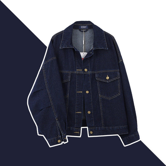 Spring and Autumn Korean Style Dark Blue Denim Coat Women's Short Long Sleeve Casual Loose Jacket Fashion