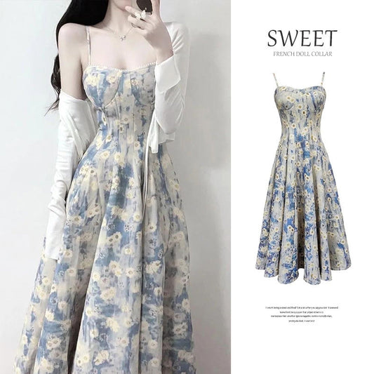 Tea Break French Blue Oil Painting Dress Female Summer Fairy Floral Tight Waist Sling Mid-Length Skirt