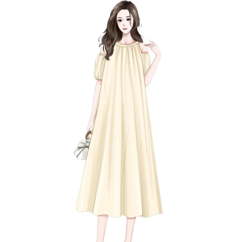 Korean Style Loose Cold-Shoulder Elegant Summer Dress Women's Clothing FatMMFrench Sweet Midi Skirt
