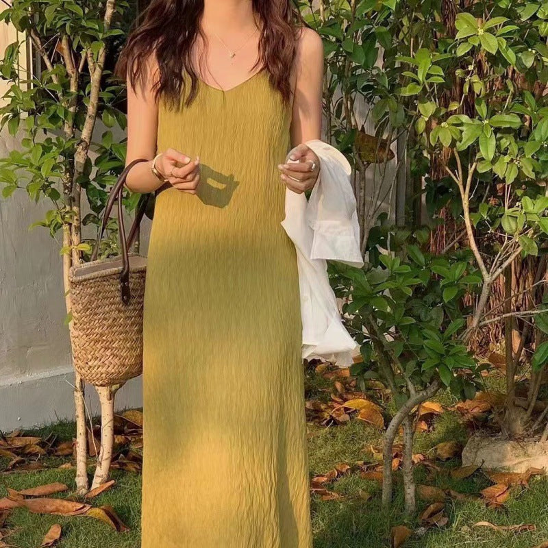 Summer Sling Korean Style Slimming Elegant Long Dress Dress Sleeveless Solid Color Loose Fashion Simple Fashion