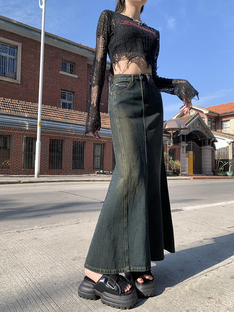 Retro Blue Denim Skirt Women's Spring High Waist Slimming Mid-Length Fishtail Hip Skirt