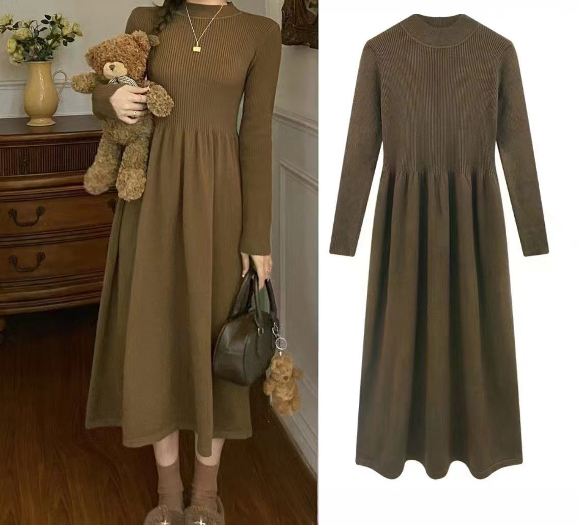 Half Turtleneck Mid-Length Elegant Style Woolen Skirt Autumn and Winter Korean Style Long Sleeve Base Knitting Dress Women