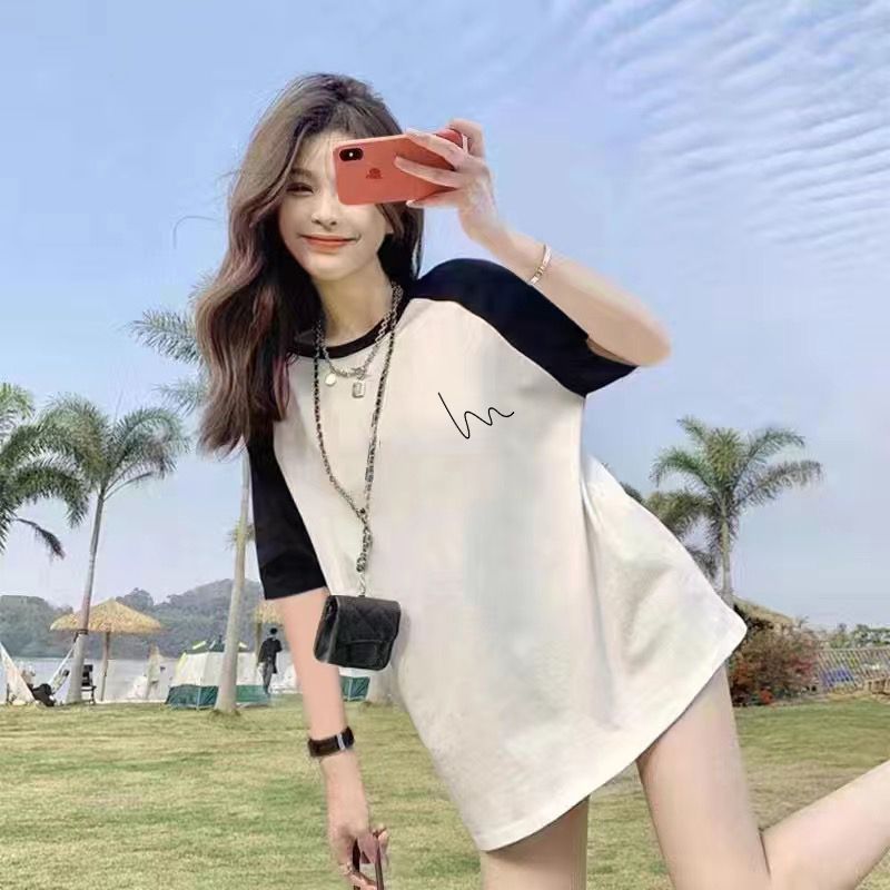 Summer Thin Pure Cotton Stitching Printing Contrast Color Raglan Mid-LengthTT-shirt Top Women's Short SleeveTWomen's T-shirt