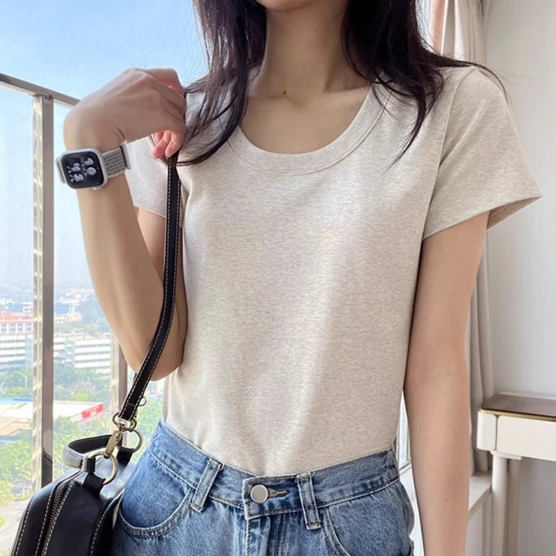 Pure Cotton Classic Basic Style All-Match Short SleeveTT-shirt Women's Summer-Style Slim Fit Slimming Half Sleeve Low-Necked Underwear Blouse Top
