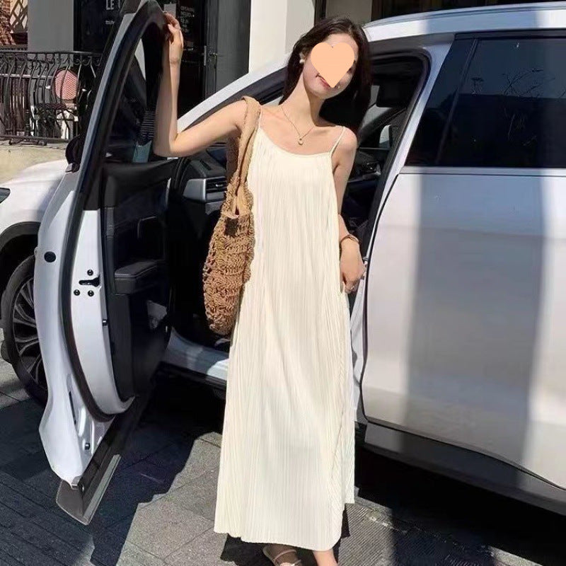Summer Sling Korean Style Slimming Elegant Long Dress Dress Sleeveless Solid Color Loose Fashion Simple Fashion