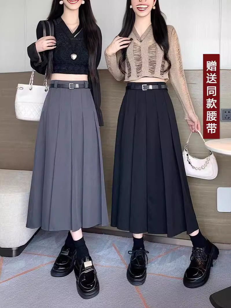 Suit Fabric Pleated Skirt Long Skirt Korean Style Simple Black Gray French High Waist Slimming aWord Version