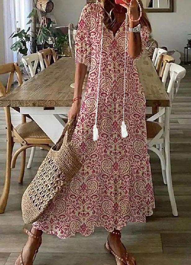 Casual and Sweet LooseVCollar Printed Tassel Mid-Sleeve Long Dress Women