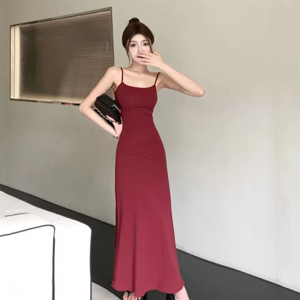 Summer Hot Girl Elastic Sling Dress Women's Sleeveless off-the-Shoulder Waist Fitted Figure Flattering off-Shoulder Base Dress