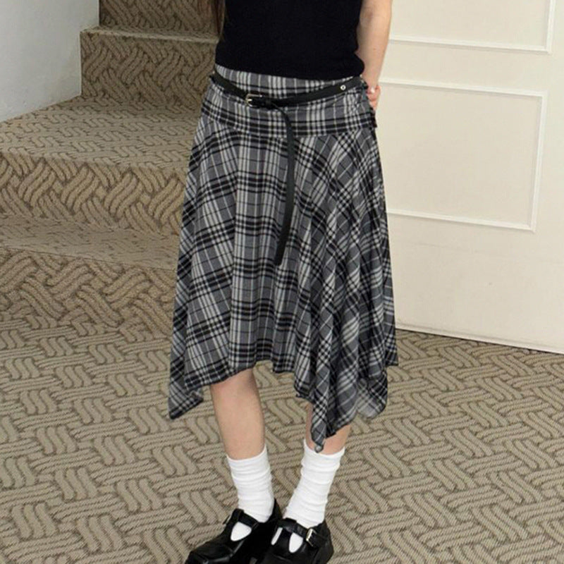 Preppy Style Plaid Contrast Color Irregular Girl's Skirt Retro Low Waist Versatile Slimming Casual Midi Dress