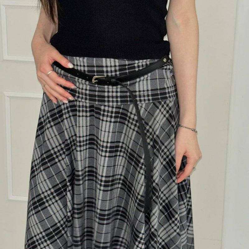 Preppy Style Plaid Contrast Color Irregular Girl's Skirt Retro Low Waist Versatile Slimming Casual Midi Dress