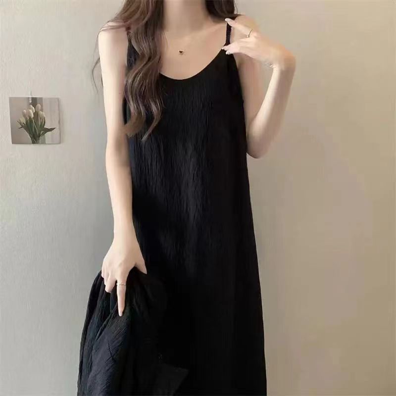 Summer Sling Korean Style Slimming Elegant Long Dress Dress Sleeveless Solid Color Loose Fashion Simple Fashion