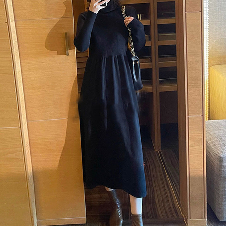 Half Turtleneck Mid-Length Elegant Style Woolen Skirt Autumn and Winter Korean Style Long Sleeve Base Knitting Dress Women