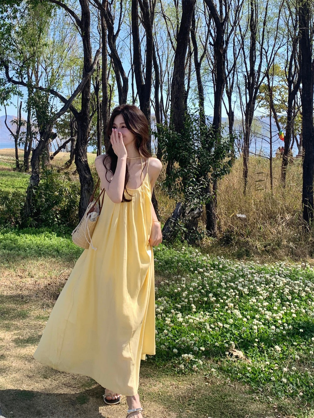 French Style Yellow Gallus Dress Women's Clothing Summer Seaside Vacation Style Wear Dress LooseALine Skirt Long Skirt