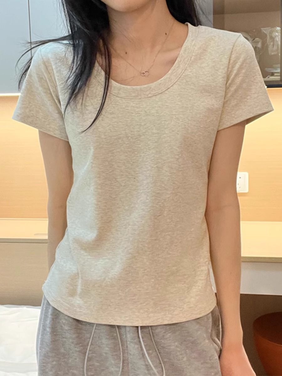 Pure Cotton Classic Basic Style All-Match Short SleeveTT-shirt Women's Summer-Style Slim Fit Slimming Half Sleeve Low-Necked Underwear Blouse Top