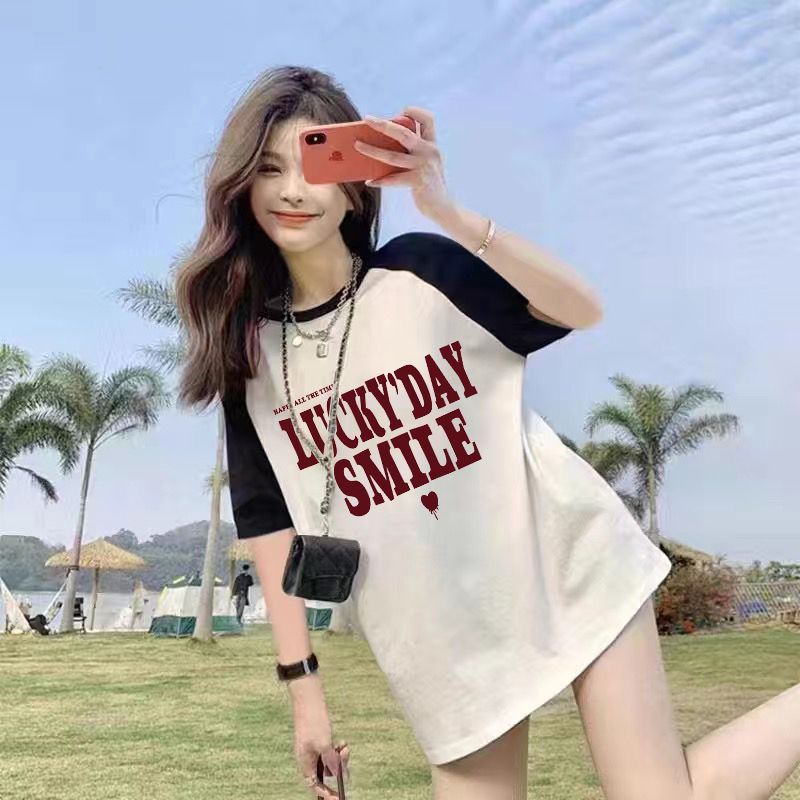 Summer Thin Pure Cotton Stitching Printing Contrast Color Raglan Mid-LengthTT-shirt Top Women's Short SleeveTWomen's T-shirt