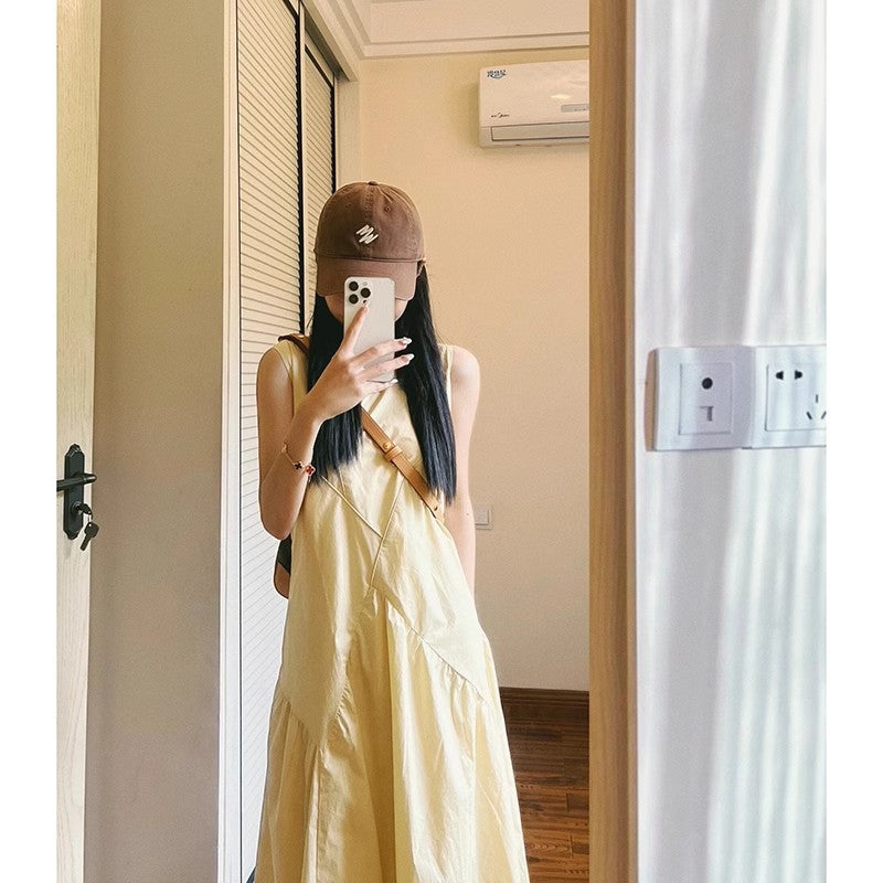 French Style Gentle Light Yellow Sleeveless Vest Dress Women's Summer Dopamine Sweet VacationaLong Skirt