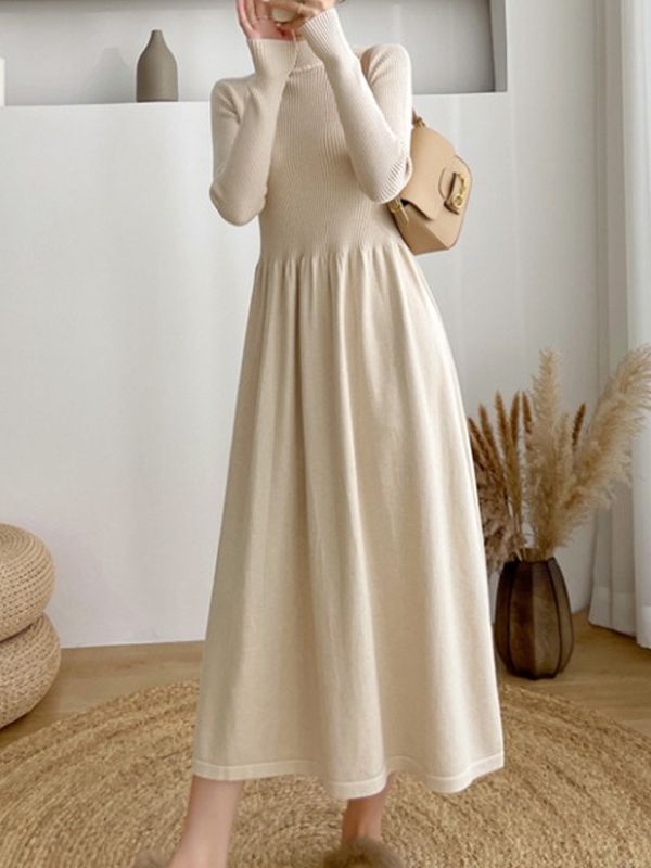Half Turtleneck Mid-Length Elegant Style Woolen Skirt Autumn and Winter Korean Style Long Sleeve Base Knitting Dress Women