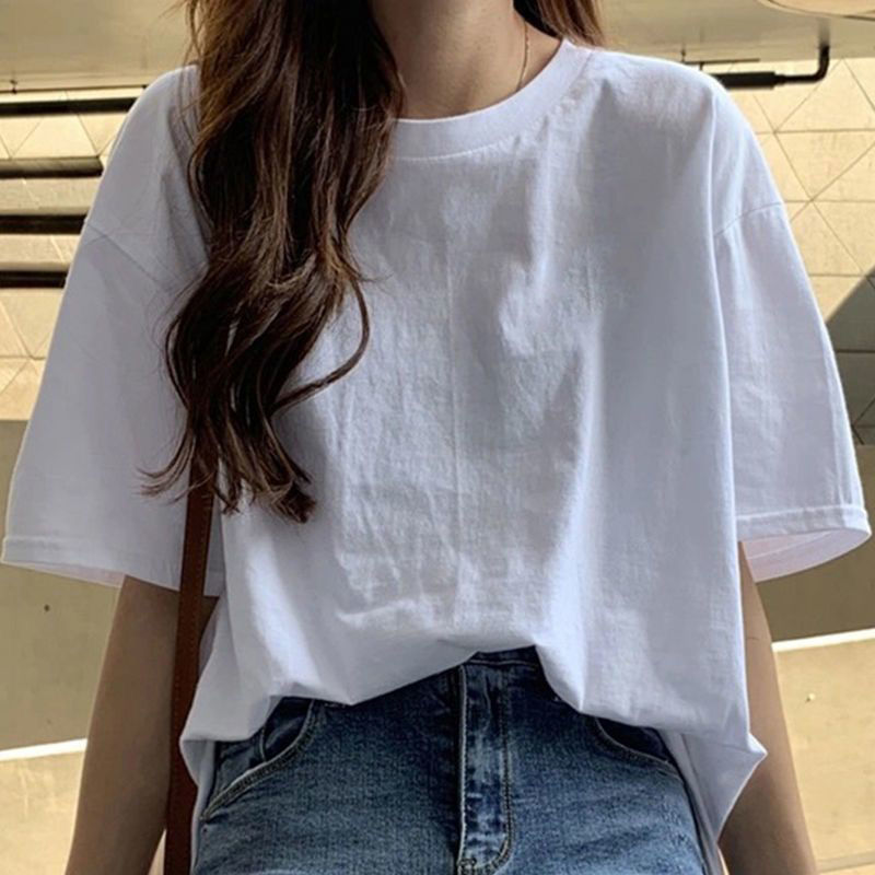 Fat Girl Cotton Short SleeveTT-shirt Women's White Loose Versatile Student Summer Korean Style round Neck Top Clothesins