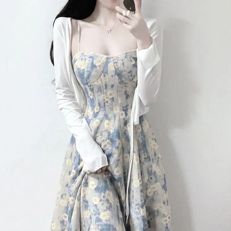 Tea Break French Blue Oil Painting Dress Female Summer Fairy Floral Tight Waist Sling Mid-Length Skirt