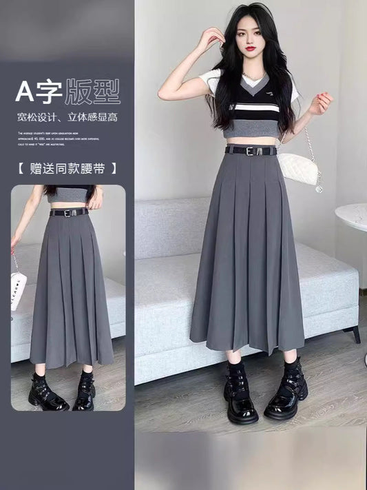 Suit Fabric Pleated Skirt Long Skirt Korean Style Simple Black Gray French High Waist Slimming aWord Version