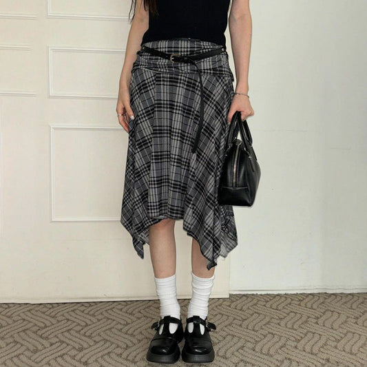 Preppy Style Plaid Contrast Color Irregular Girl's Skirt Retro Low Waist Versatile Slimming Casual Midi Dress