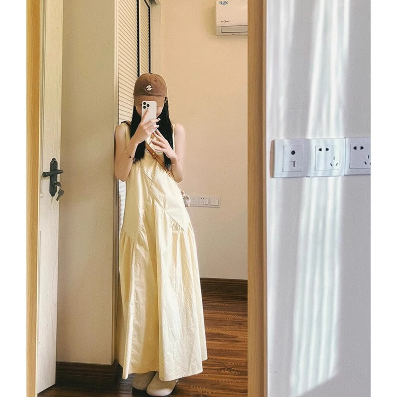 French Style Gentle Light Yellow Sleeveless Vest Dress Women's Summer Dopamine Sweet VacationaLong Skirt